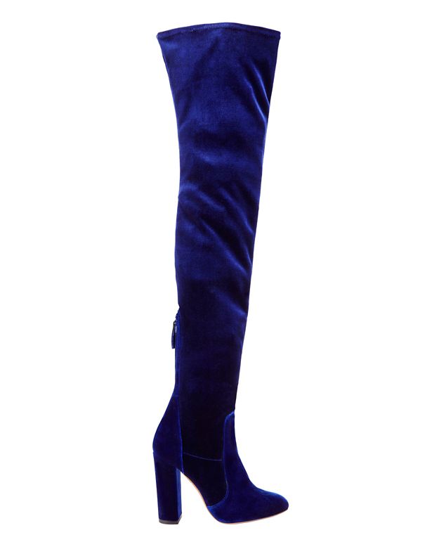 blue velvet thigh high boots